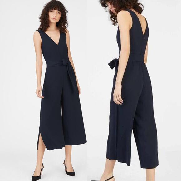 Club Monaco Akinya Split Wide Leg Crop Jumpsuit Navy Blue Small 4 V-Neck Capsule